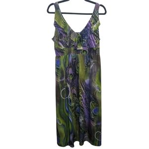 Peacock Vibrant Green and Purple Midi Dress